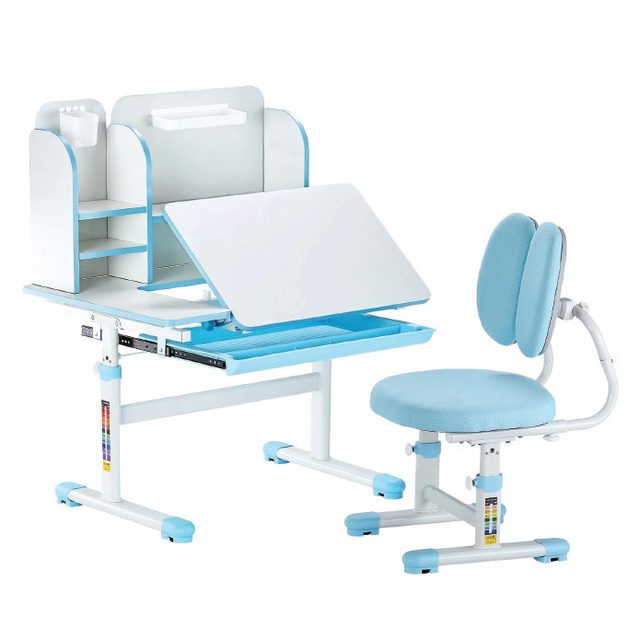 An adjustable school desk and chair.
