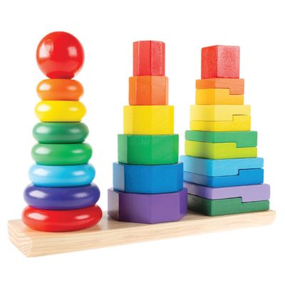 A wooden stacking-ring and block set for early learning through play.