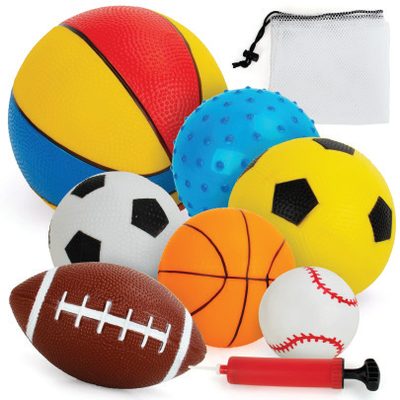 An assortment of sports balls with a pump and carry bag.