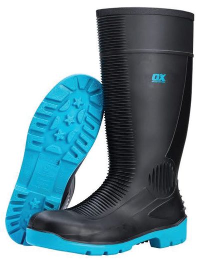 A pair of black rubber safety boots with steel toe protection.