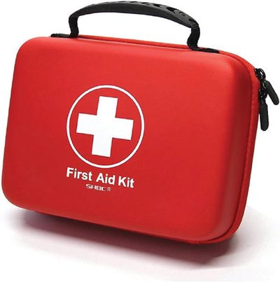 A hard-shell first aid kit case.