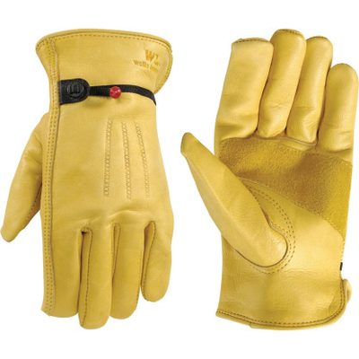A pair of leather work gloves.