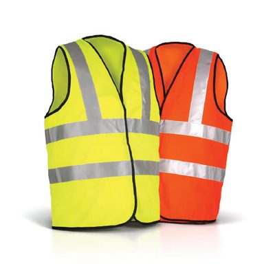High-visibility safety vests in yellow and orange.