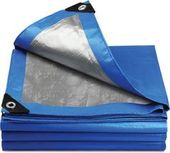 A folded heavy-duty tarpaulin used in relief shelter kits.
