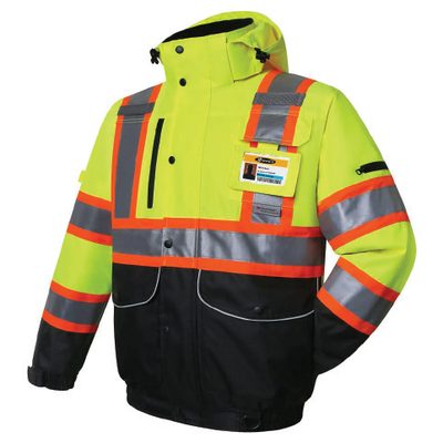 A high-visibility insulated work jacket with reflective banding.
