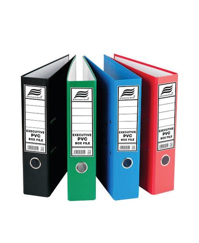 Lever-arch box files in assorted colours.