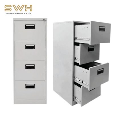 Steel filing cabinets, one with a drawer open.