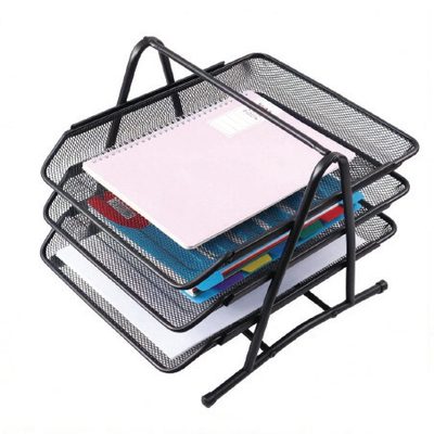 A stacked wire mesh document tray.