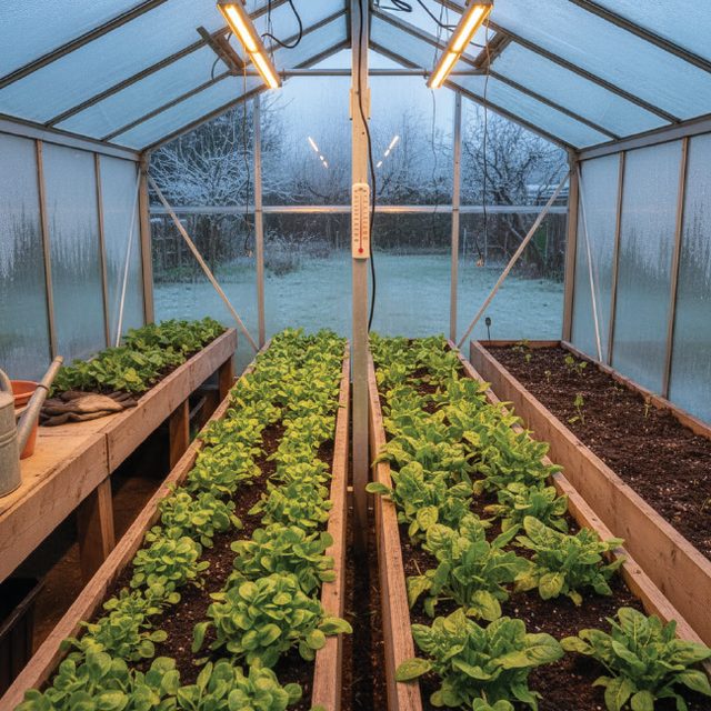 Interior of a polytunnel greenhouse with raised planting beds.