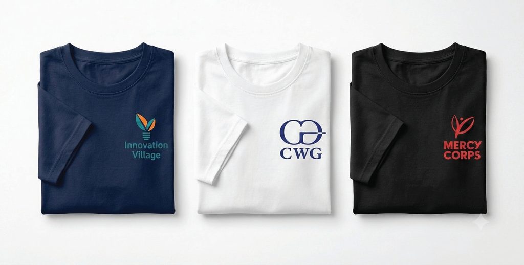 Folded branded t-shirts in navy, white and black alongside a pen.