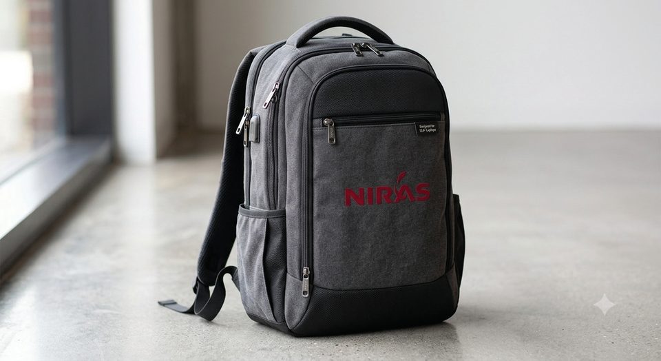 A branded backpack photographed against a plain wall.
