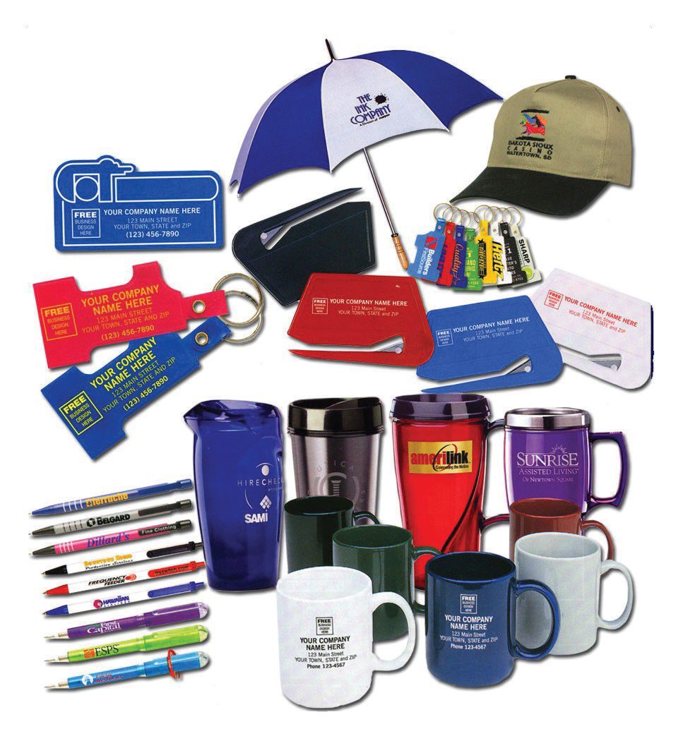 A spread of promotional merchandise including mugs, pens, umbrellas and lanyards.