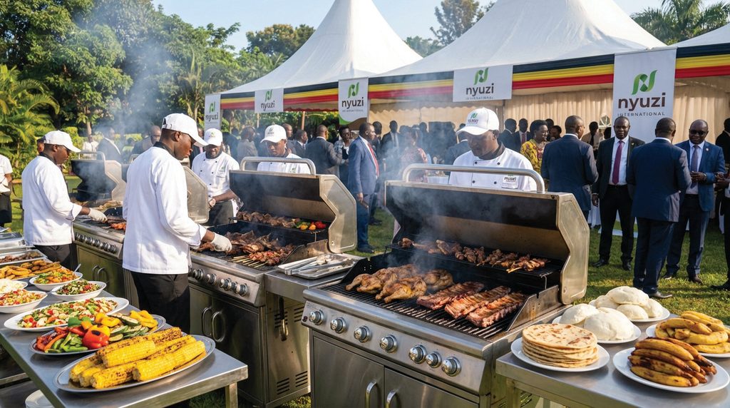 Chefs preparing grilled food at an outdoor event under branded canopies.