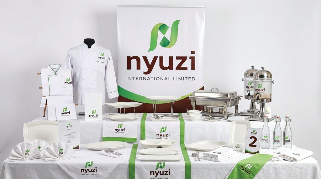 Catering team serving a queue of guests from a buffet under branded event canopies.