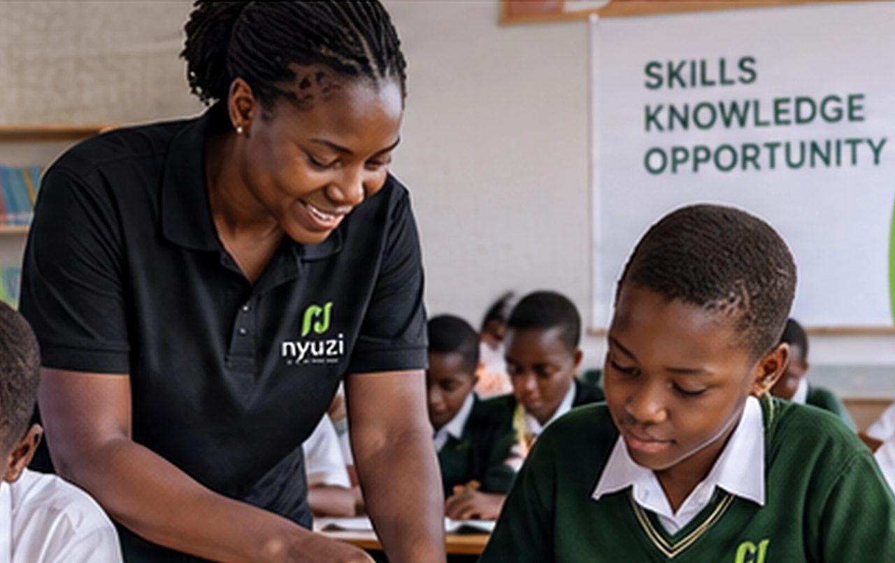 A trainer working alongside pupils at their desks in a classroom equipped with books and learning materials.