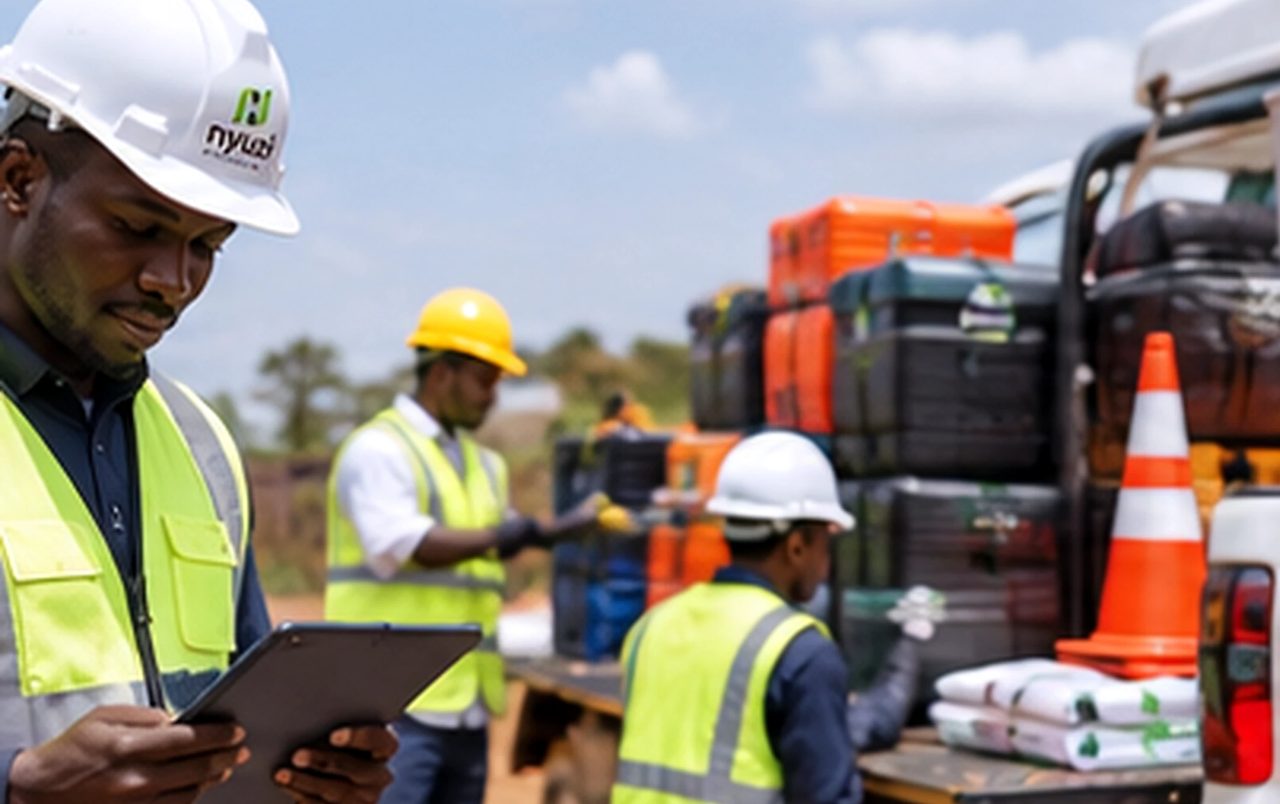 A field team in high-visibility vests and safety helmets checking protective equipment and supplies being loaded for distribution.