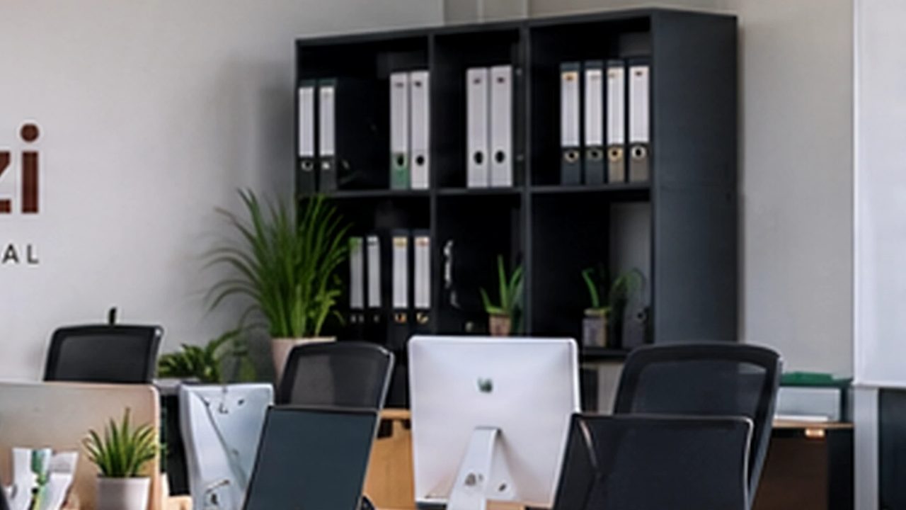 An equipped open-plan office: workstations, seating, computers and filing, with Nyuzi branding on the wall.